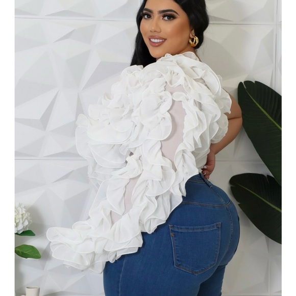 Chic White Ruffled One-Shoulder Top - Picture 3 of 3